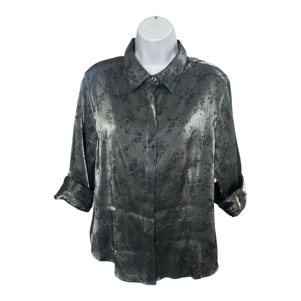 Kathie Lee Women Metallic Grey Blouse Button Down Size L -3/4 Cuffed-Sleeve